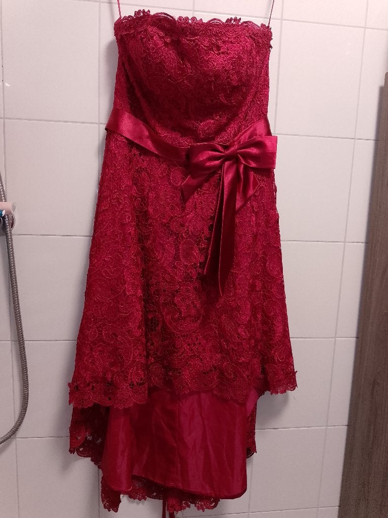 Juju & Christine Strapless High-Low Galajurk Rood Maat 38/40, Maat 38/40 (M), Galajurk, Ophalen of Verzenden, Zo goed als nieuw