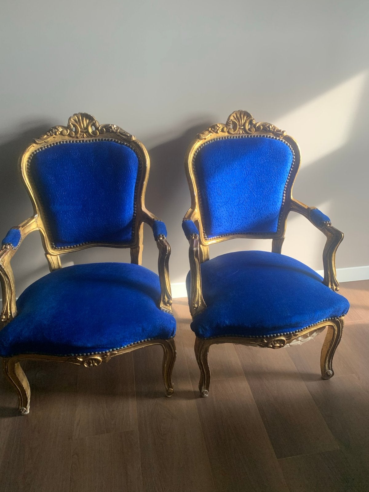 Set van 2 Barok Stoelen - Goudkleurig met Blauwe Bekleding, Ophalen