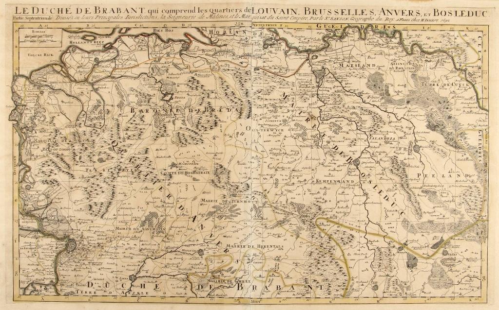 Antieke landkaart 1692 hertogdom Brabant, Boeken, Voor 1800, Ophalen of Verzenden, Nederland, Landkaart
