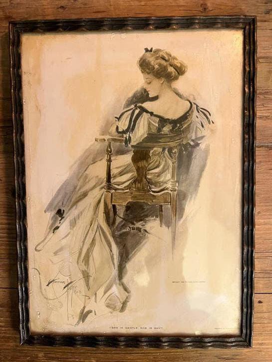 Antieke ingelijste prent 'She is uGentle, She is Shy', Antiek en Kunst, Ophalen