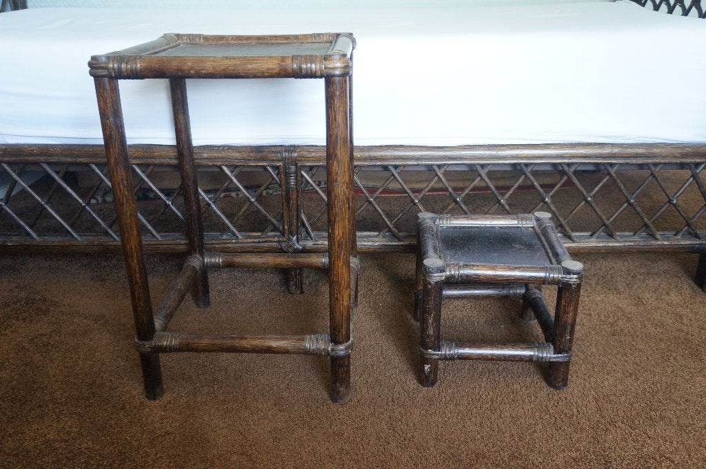 Vintage bamboe bijzettafels set - hoog en laag, Ophalen, Overige materialen, Minder dan 55 cm, Gebruikt