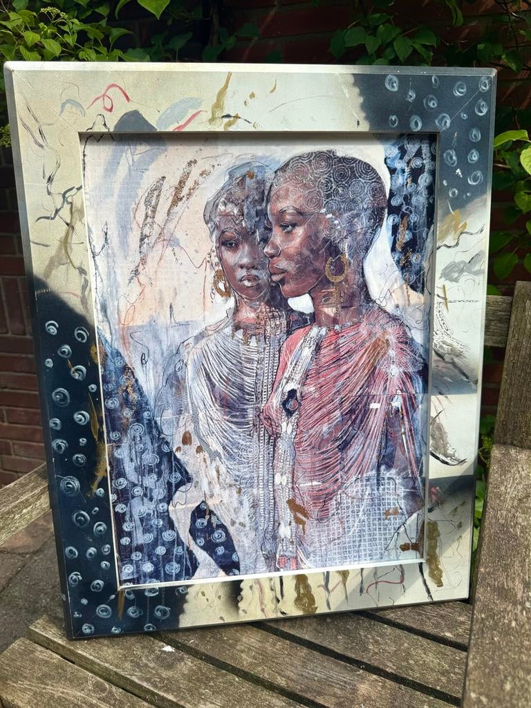 Uniek schilderij van twee vrouwen, gekocht op expo, Ophalen of Verzenden, Zo goed als nieuw, Schilderij, 75 cm of meer