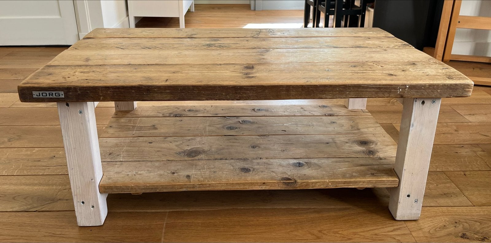 Robuuste houten salontafel met extra plank - Jorg. T.e.a.b., Ophalen, Gebruikt, 100 tot 150 cm, 50 tot 100 cm