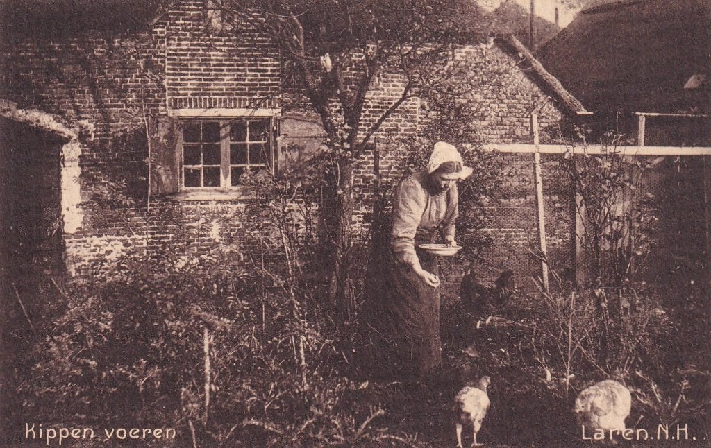 Oude ansichtkaart: Kippen voeren in Laren, N.H., Verzamelen, Ophalen of Verzenden, Voor 1920, Ongelopen, Noord-Holland