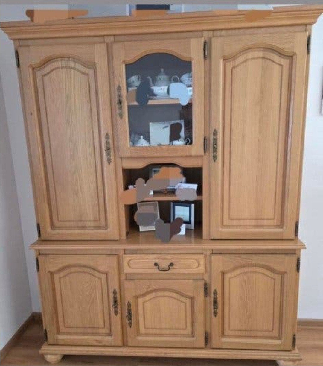 Massief eikenhouten buffetkast met vitrine (B167xD51xH209), Ophalen, Eikenhout, Met deur(en), 200 cm of meer