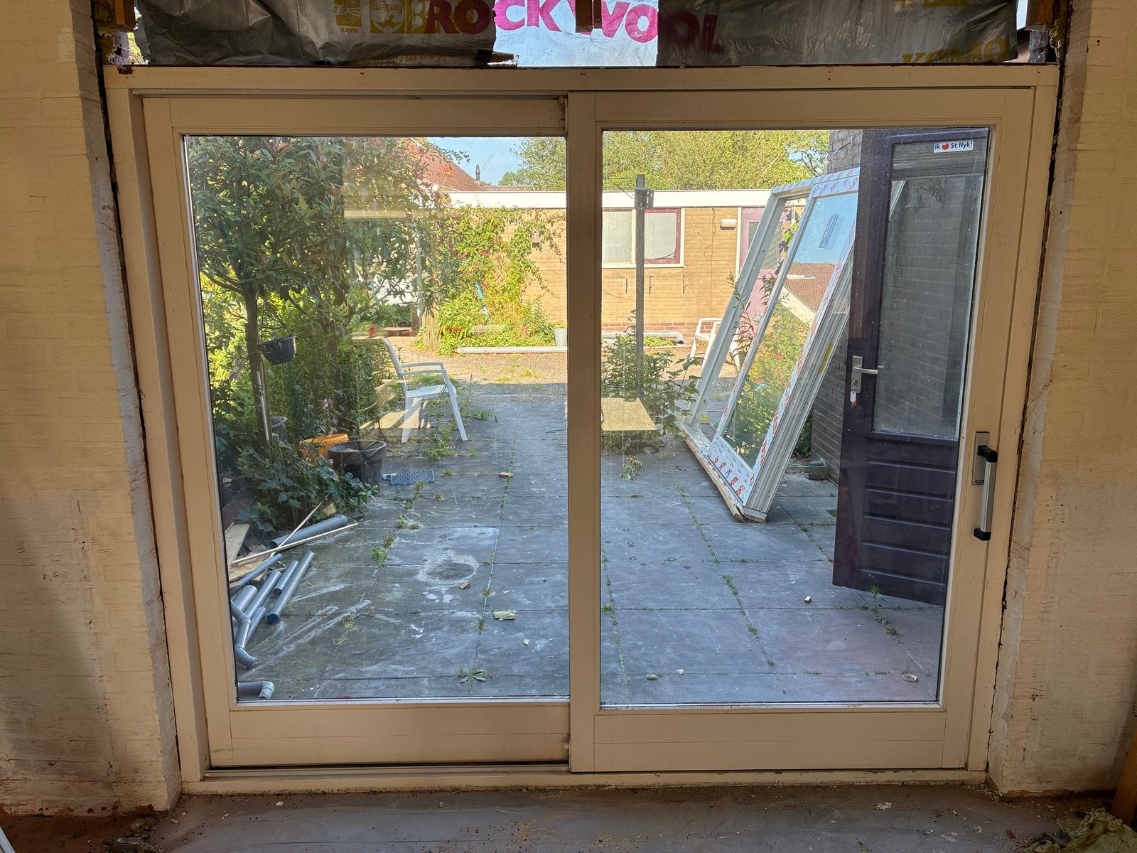Hardhouten schuifpui h210x b246cm dubbelglas, Ophalen, Gebruikt, 120 cm of meer, Buitendeur