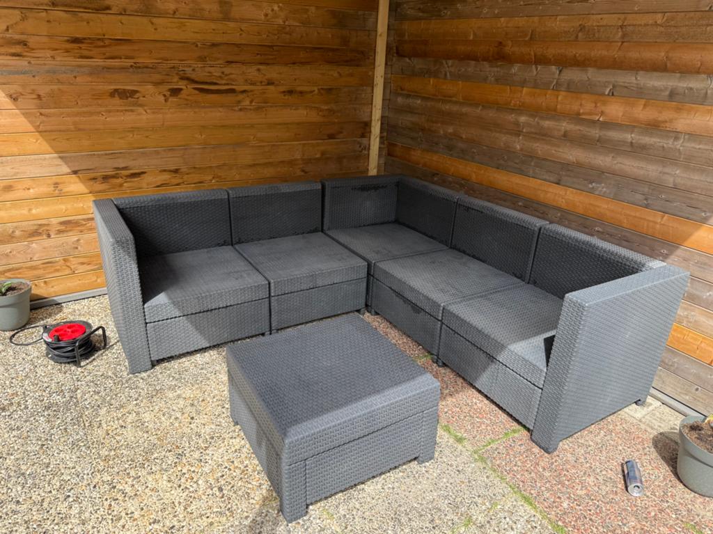 Luxe loungeset hoekbank + tafel incl. kussens antraciet, Ophalen, 5 zitplaatsen, Zo goed als nieuw, Eettafel