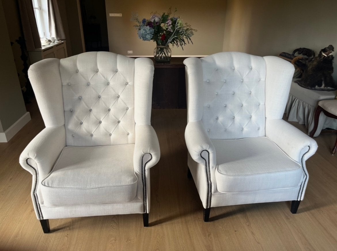 Twee prachtige oorfauteuils, Ophalen, Gebruikt, Stof, 75 tot 100 cm