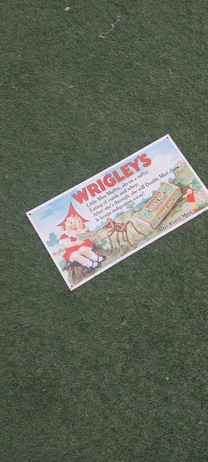 Vintage Wrigley's  Reclamebord - Little Miss Muffet, Ophalen of Verzenden, Gebruikt, Reclamebord