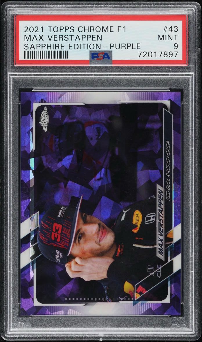 2021 Topps Chrome F1 Max Verstappen Sapphire Purple /10 PSA9, Ophalen of Verzenden, Zo goed als nieuw, Plaatje