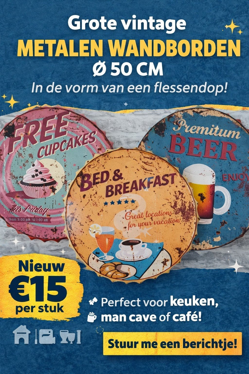 Grote vintage metalen wandborden Ø 50 cm - Flessendop design, Metaal, Nieuw, Ophalen of Verzenden, Reclamebord
