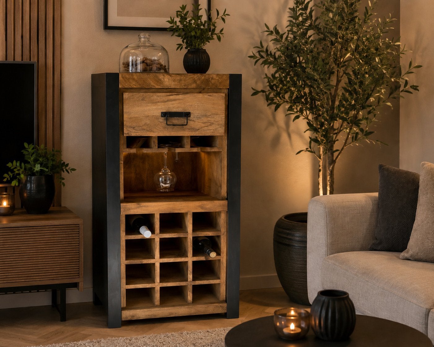 Mango houten wijnkast NIEUW, Ophalen of Verzenden, Nieuw, Hout, 5 tot 15 flessen