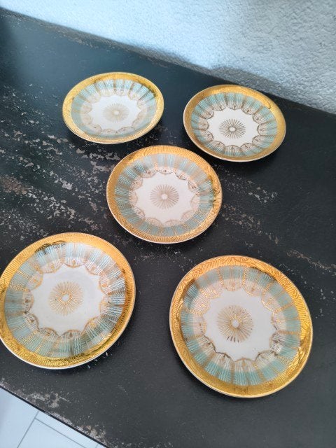 Vintage petit fours bordjes mintgroen goud wit 5x, Gebruikt, Overige merken, Ophalen of Verzenden, Bord(en)