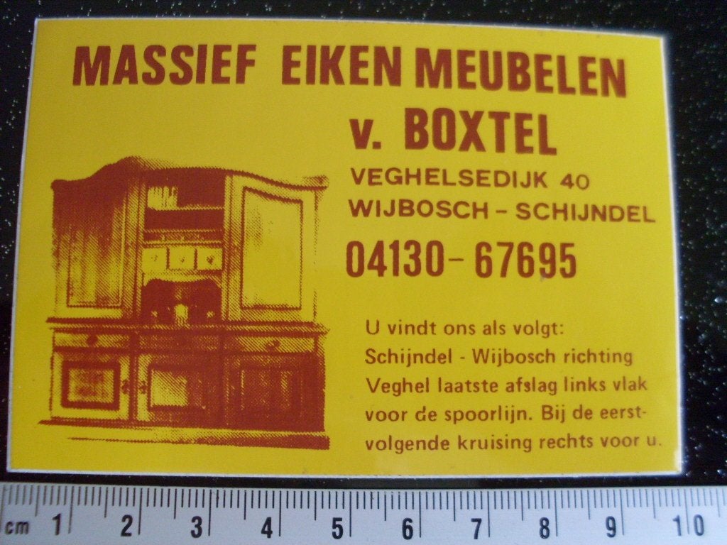 sticker massief eiken meubelen v. Boxtel schijndel logo, Verzenden, Zo goed als nieuw, Bedrijf of Vereniging