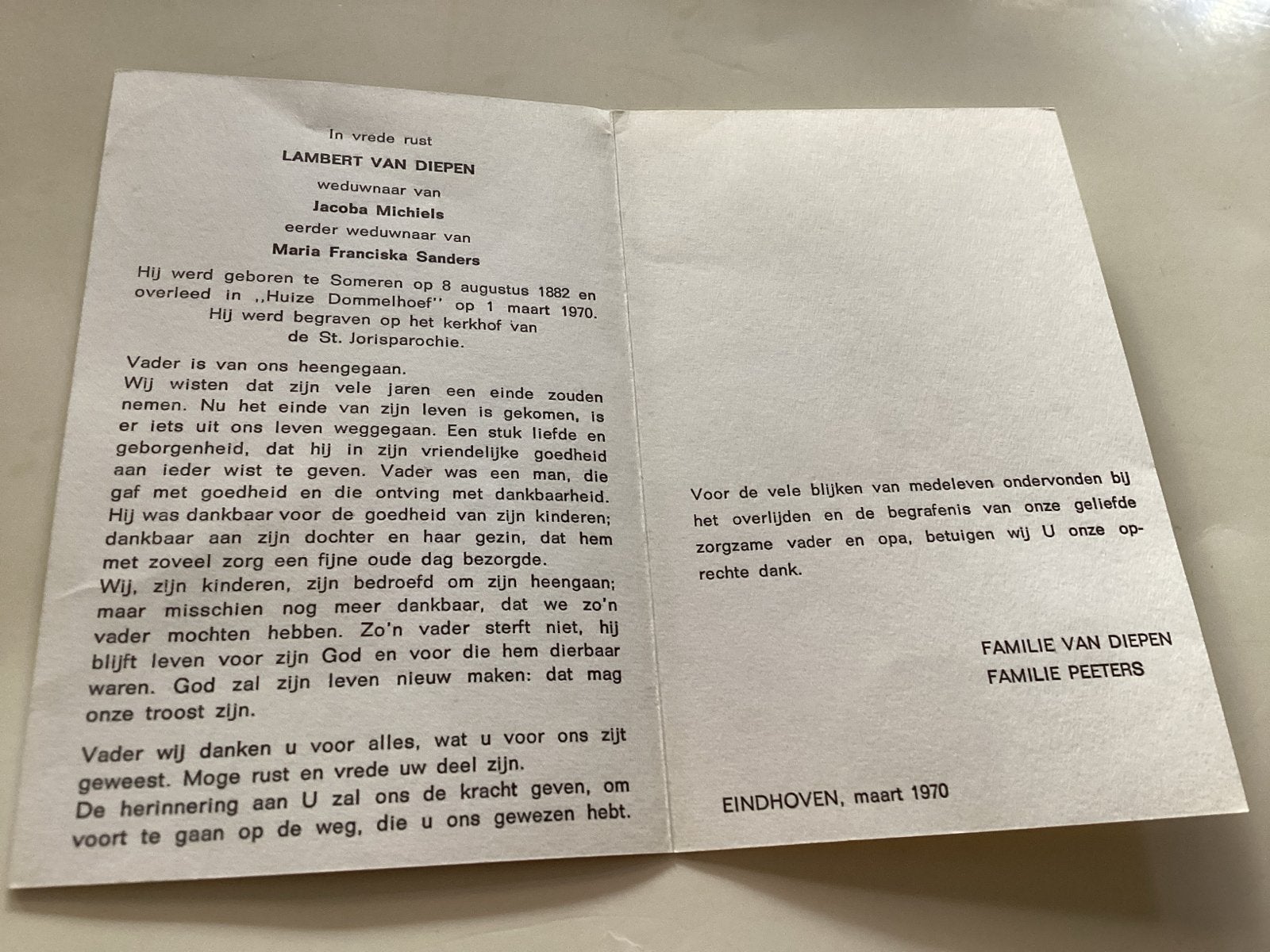 Bidprentje Lambert van Diepen - Eindhoven, maart 1970, Ophalen of Verzenden, Bidprentje