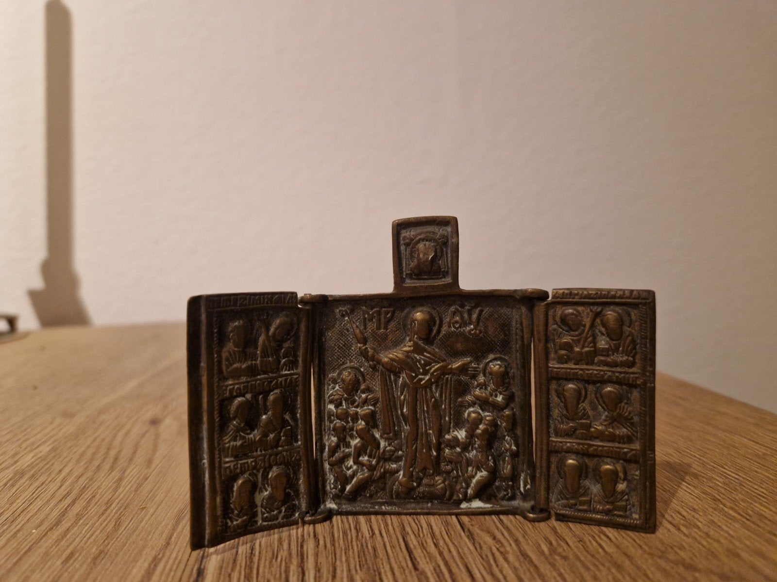 Antiek Bronzen Reisicoon - Drieluik met Religieuze Scènes, Ophalen of Verzenden, Brons