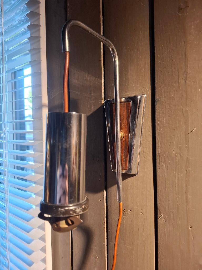 SET (2) vintage mid century wandlampjes, chroom met hout, Space age mid century, Gebruikt, Onbekend, Ophalen of Verzenden