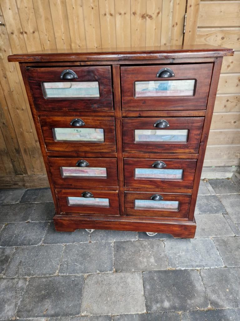 Teakhouten wandkastje met 8 laden - 100x87x37cm, Huis en Inrichting, Kasten | Ladekasten, Ophalen, Gebruikt, 5 laden of meer, 100 tot 150 cm