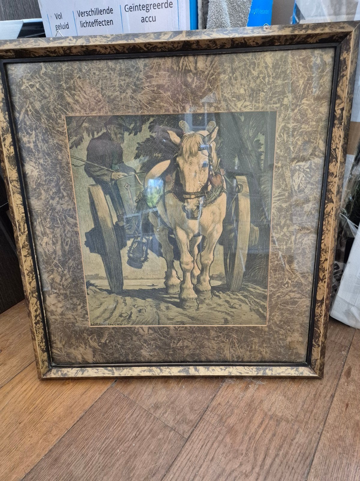 Mooi ingelijst schilderij met paard en wagen, Ophalen, Gesigneerd, Klassiek, Overige onderwerpen
