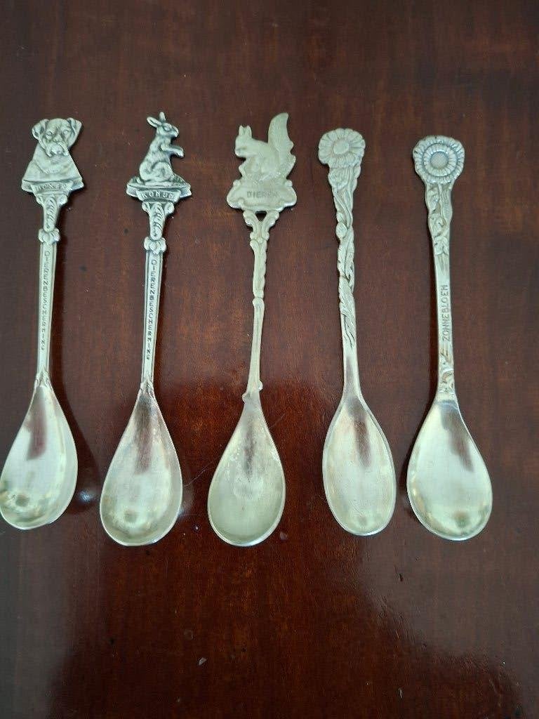 5 verzilverde lepeltjes dieren en bloemen, Antiek en Kunst, Ophalen of Verzenden
