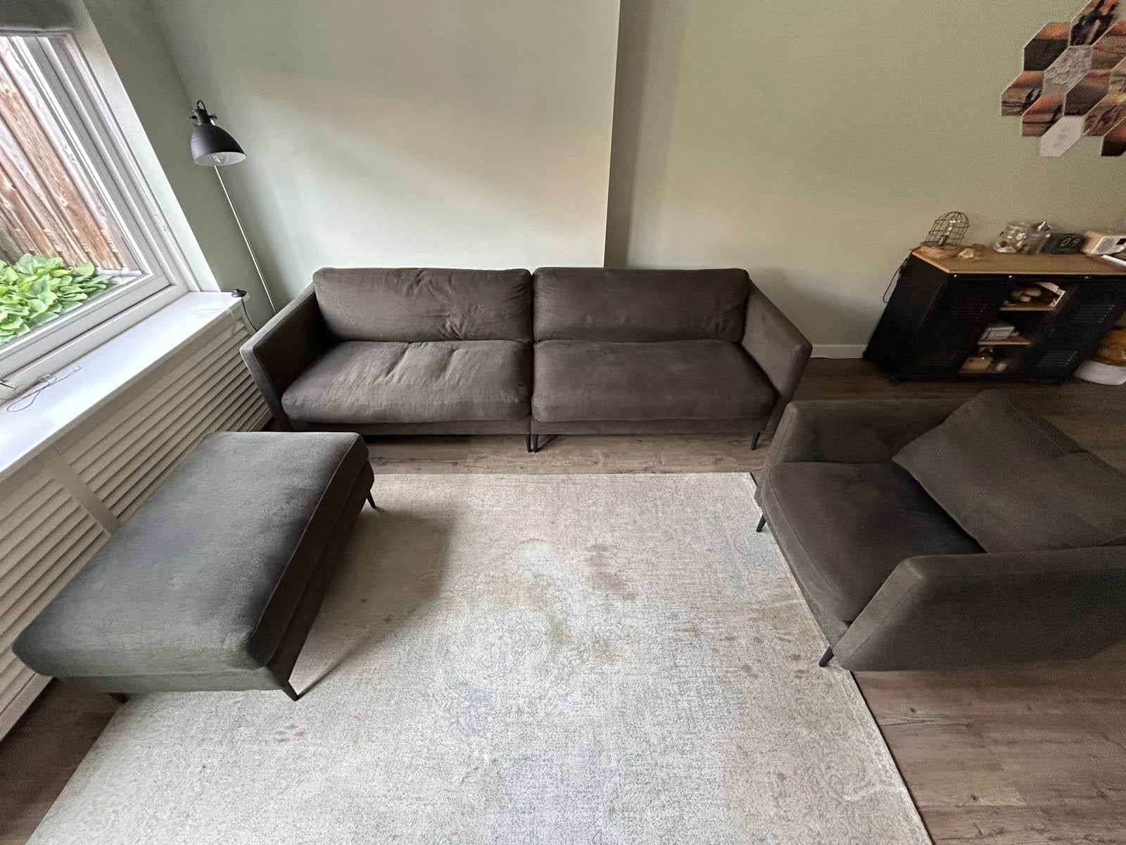 Complete zithoek: bank, fauteuil en hocker (donkergroen), Huis en Inrichting, Ophalen, Zo goed als nieuw, Stof