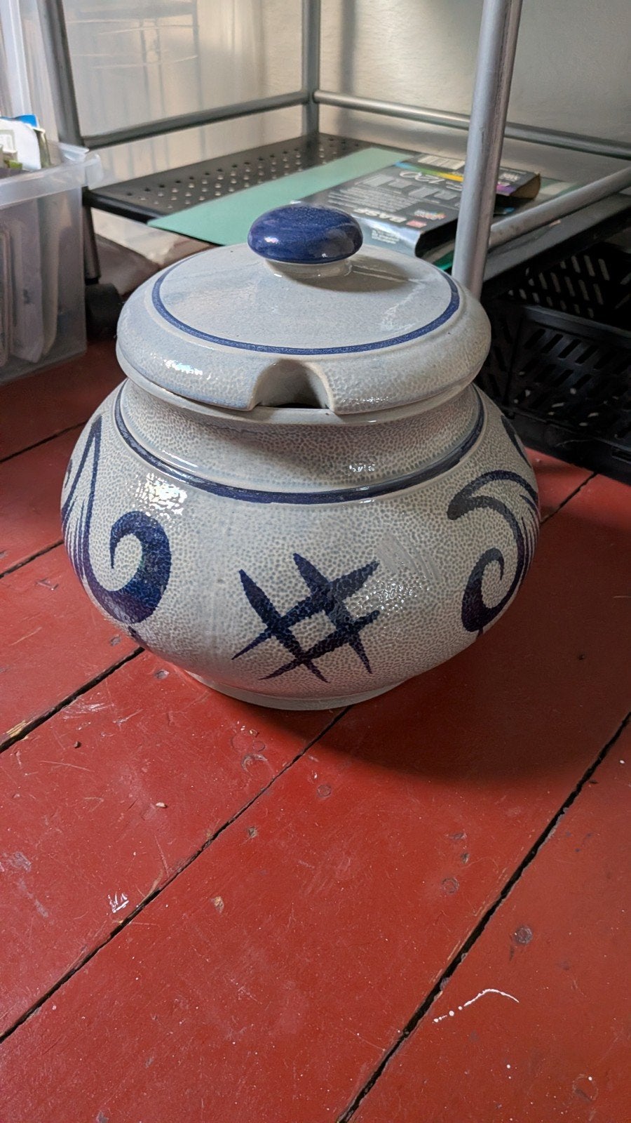 Grote Vintage  Gerzit  Pot met Deksel - Blauw/Grijs, Antiek en Kunst, Ophalen