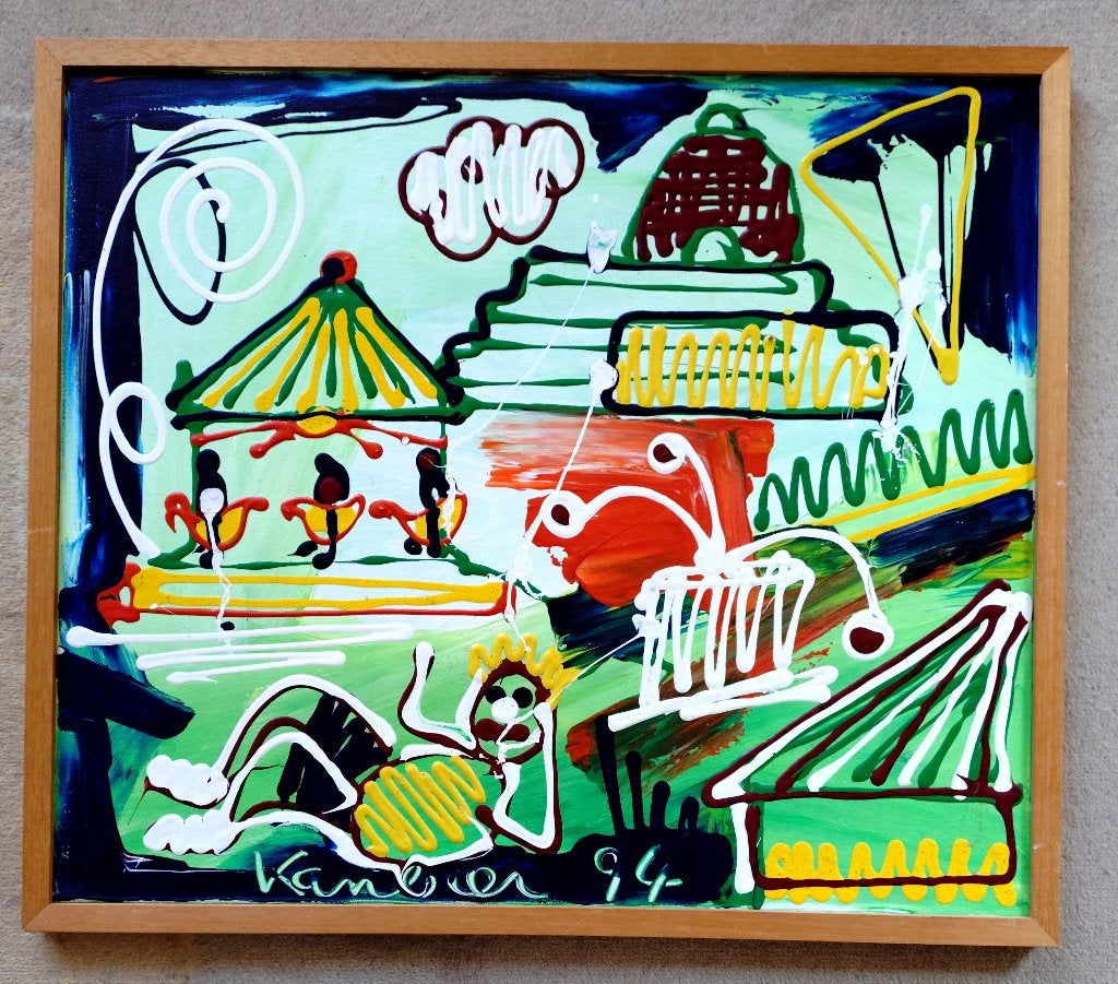 Jacob Kanbier 1949-2020 == doek 60 x 70 cm ==op de kermis, Antiek en Kunst, Ophalen of Verzenden