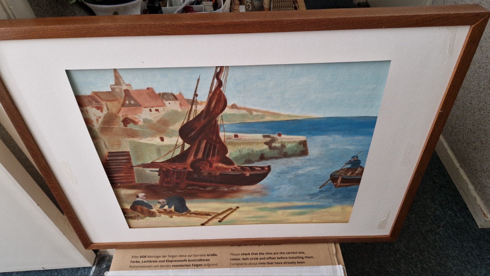 Schilderij havengezicht met boten, Ophalen of Verzenden, Handgeschilderd, Stads- / dorpsgezicht