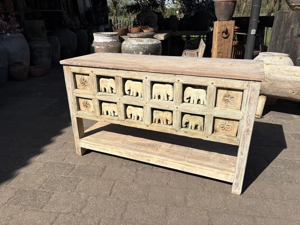 Stoer dressoir uit India! Oud wandpaneel!, Ophalen, Met plank(en), 100 tot 150 cm, Teakhout
