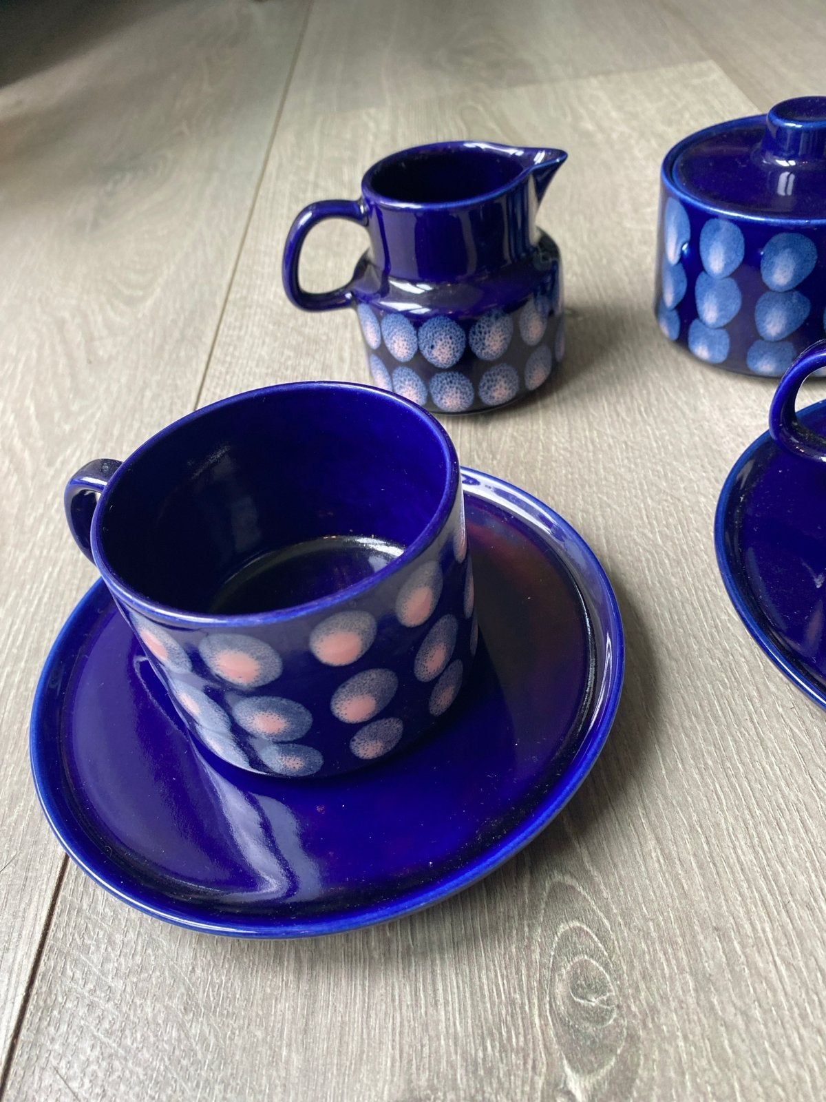 Retro 4x Koffie/Theeset met suiker en melkkan. Kobaltblauw, Antiek en Kunst, Ophalen of Verzenden