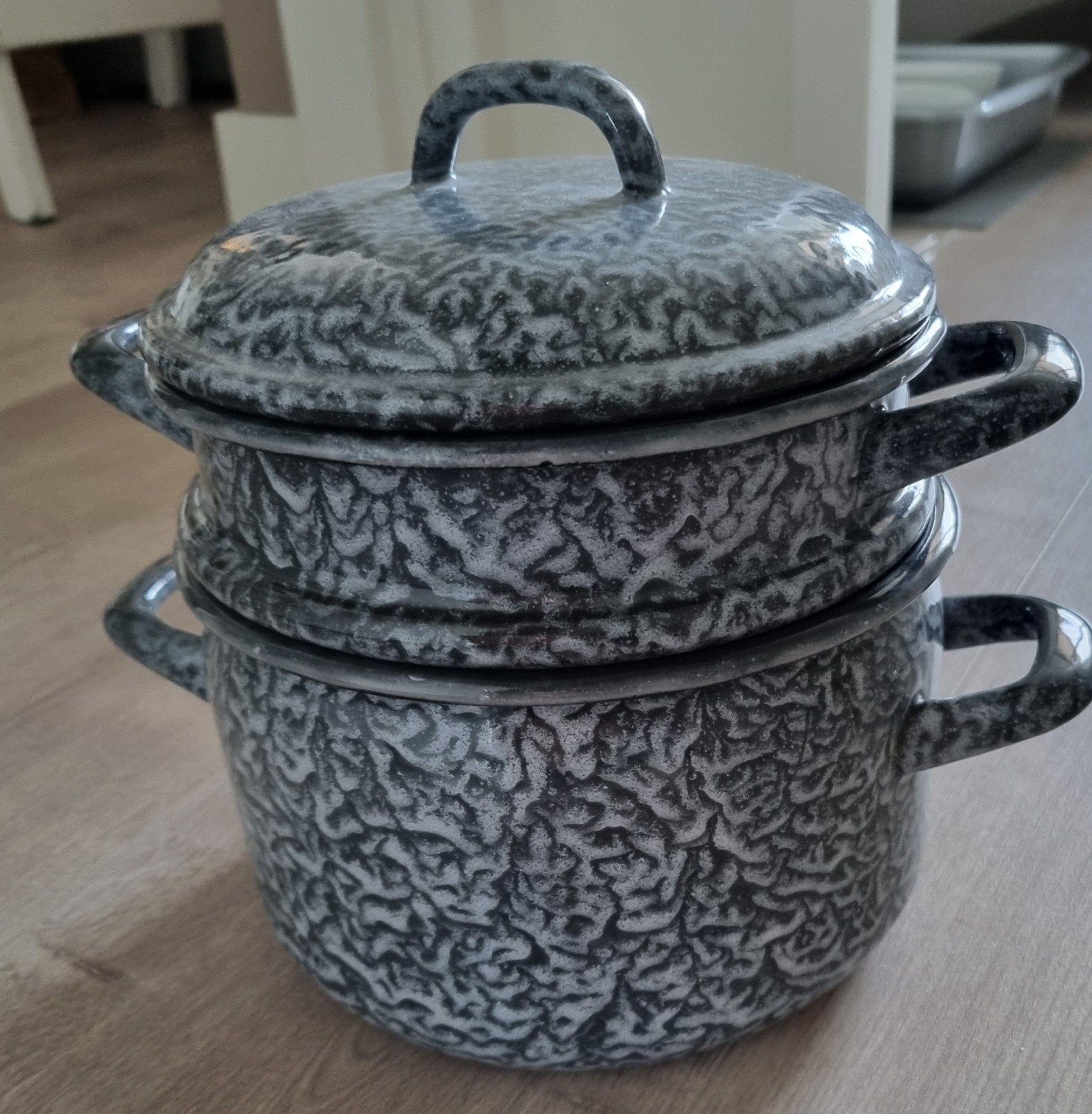 Emaille stoompan met deksel - Grijs gemêleerd, Gebruikt, Met deksel, Ophalen of Verzenden, Kookpan