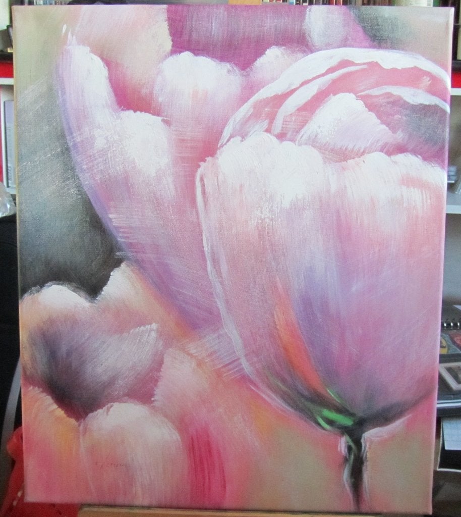 Abstract Schilderij Roze Tulpen , Acrylverf op doek, Ophalen
