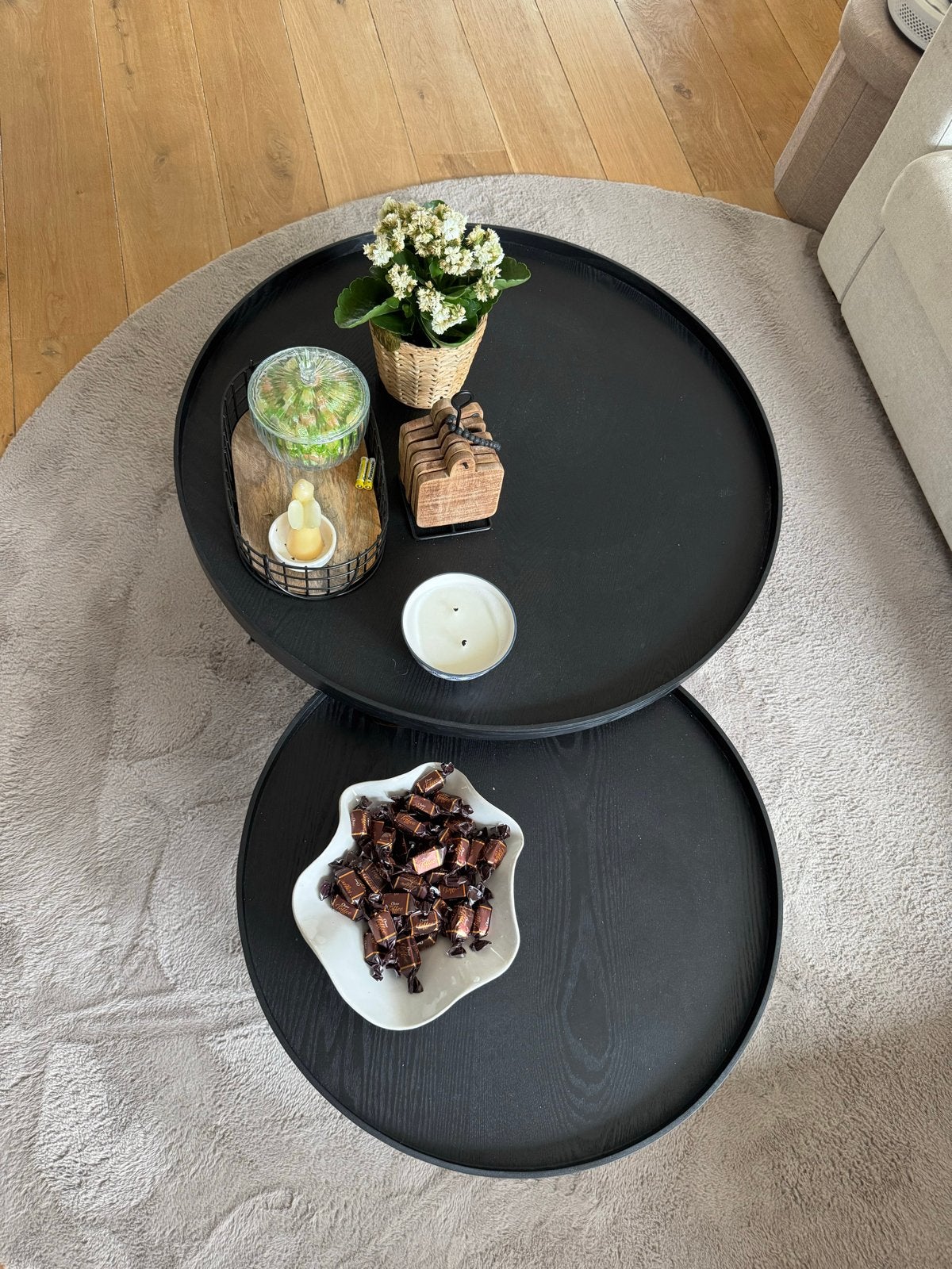 WOOOD bijzettafels Mesa L en XL rond zwart (set van 2), Ophalen, Minder dan 55 cm, Gebruikt, Rond