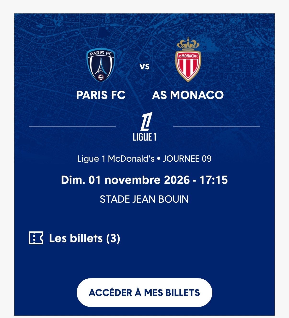 3 kaarten Paris FC - AS Monaco, Losse kaart, Drie personen of meer, November, Buitenland
