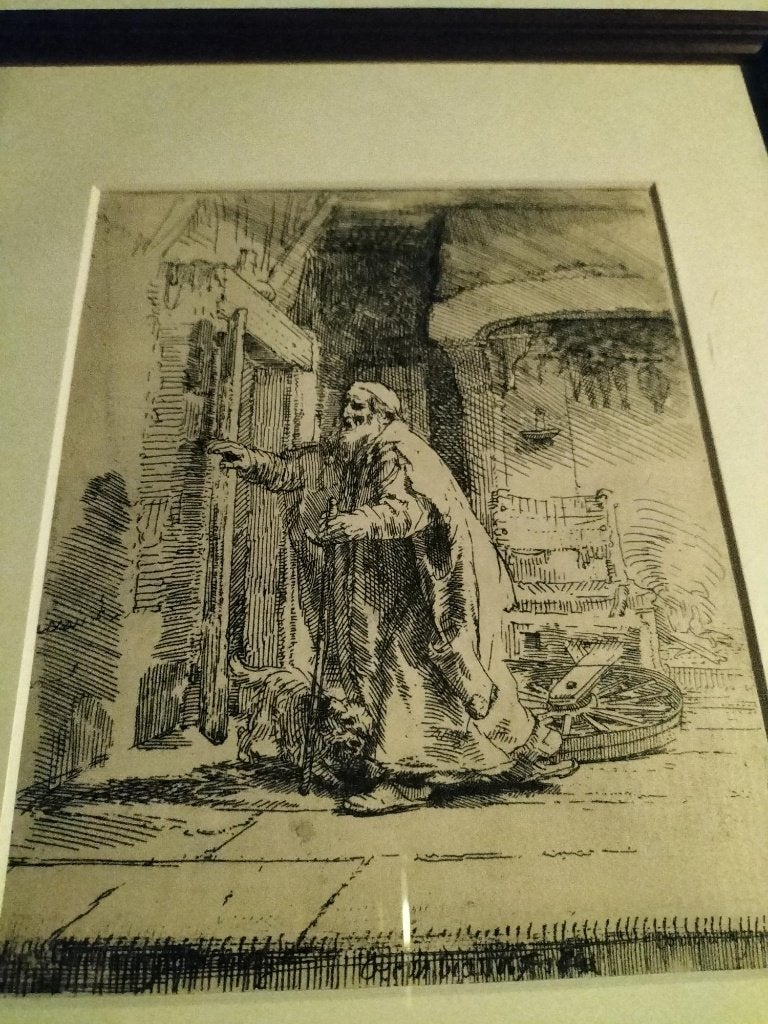 Rembrandt van Rijn ets, De blinde Tobias, Ingelijst, Religie, Zeefdruk, 1600 - 1699