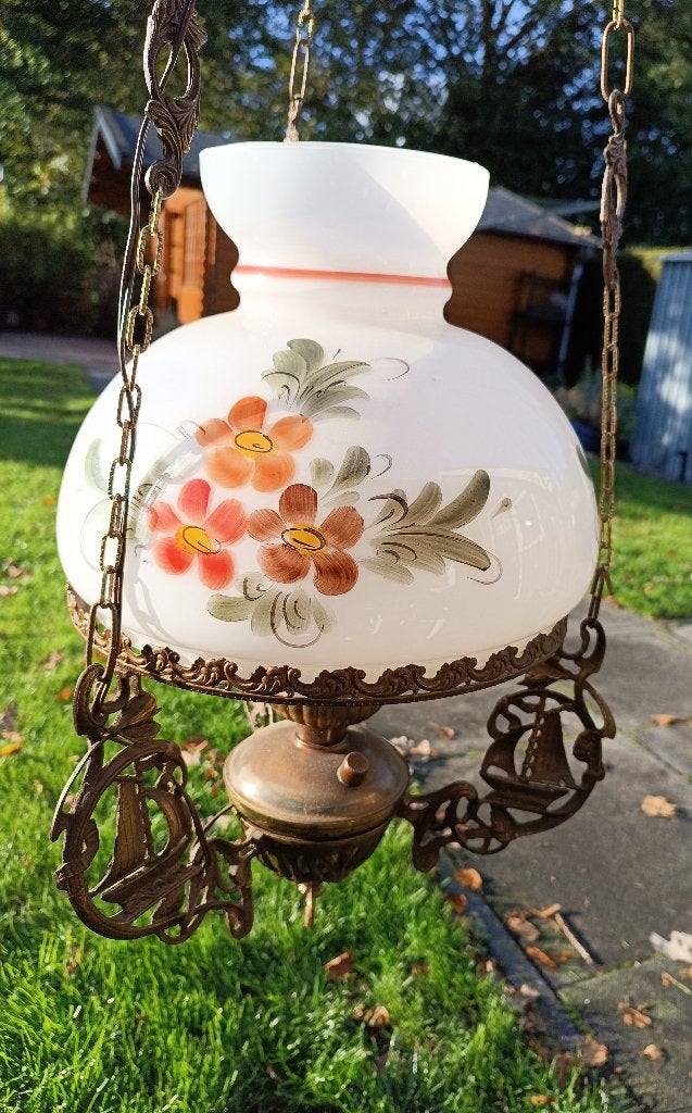 Vintage hanglamp met bloemen glazen kap, Antiek en Kunst, Ophalen of Verzenden