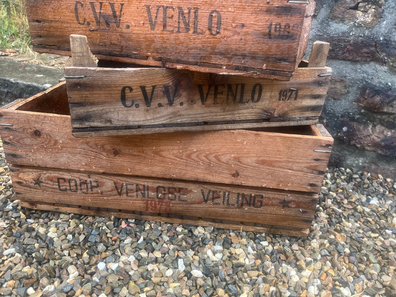 Vintage houten kisten van CVV Venlo - Set van 3, Ophalen