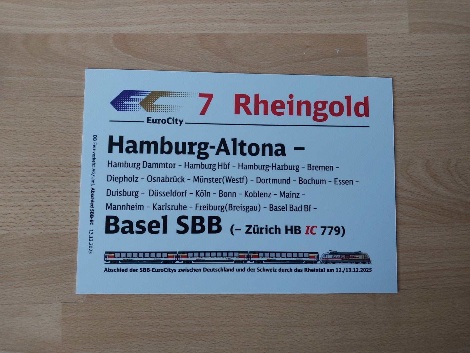 Koersbord EC 7 Rheingold afscheid SBB-DB EuroCity, Eén persoon, Algemeen kaartje