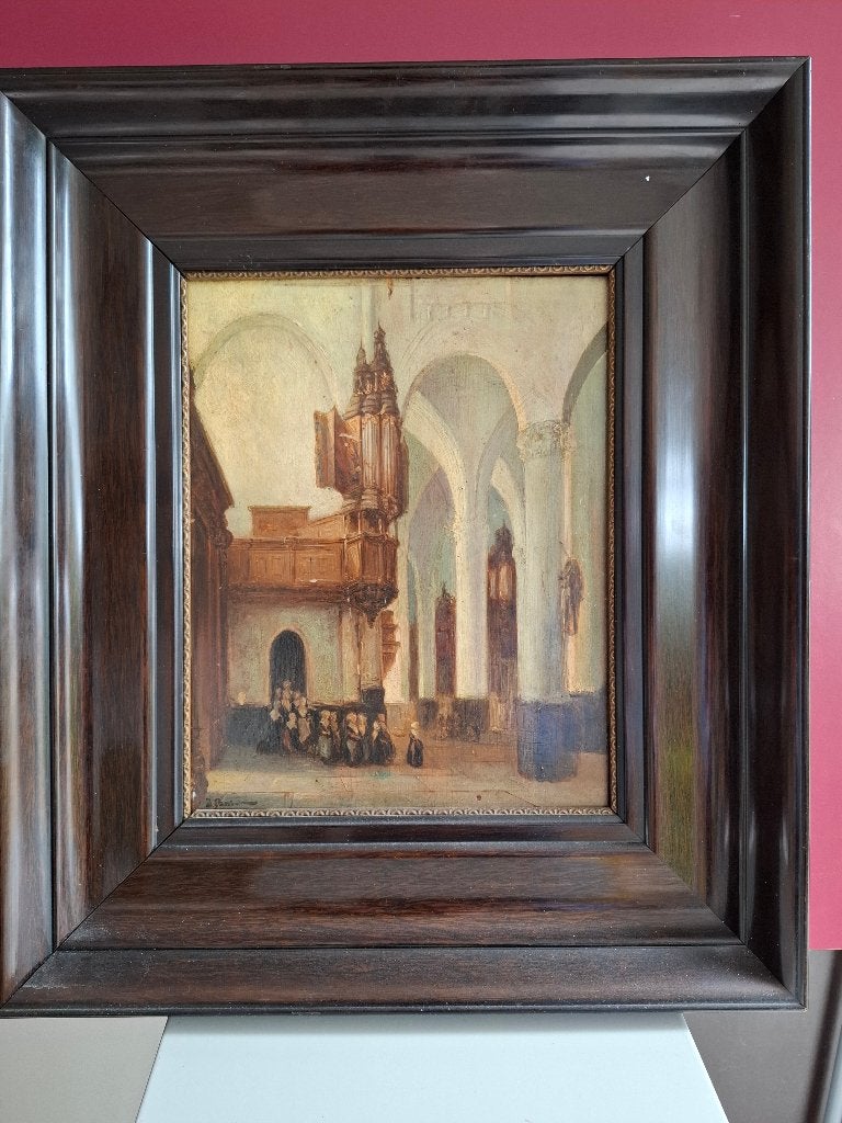 Schilderij van kerk interieur., Ophalen of Verzenden, Overige onderwerpen