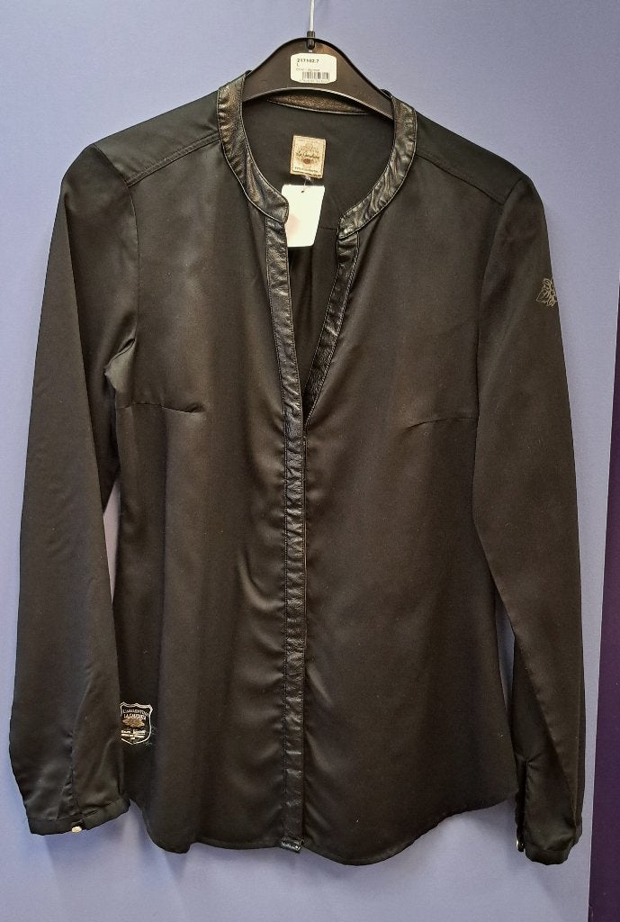 L' Argentina zwarte blouse + logo's & pu leren rand S 44739, ., Zwart, Ophalen of Verzenden, Zo goed als nieuw