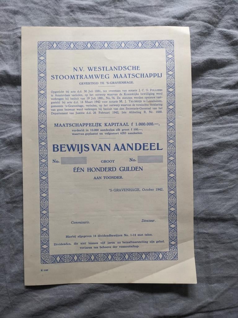 Aandeel Westlandsche Stoomtram -1942, Ophalen of Verzenden, Gebruikt, Trein, Overige typen