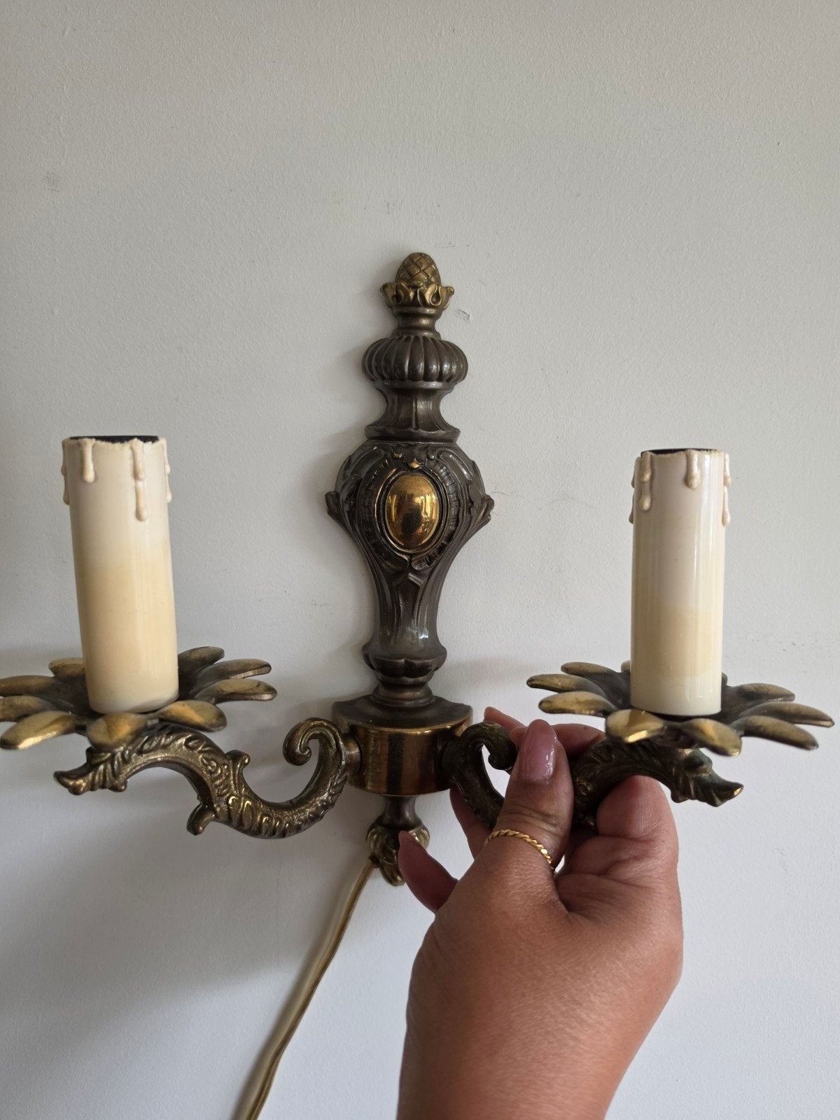Antieke messing wandlamp met twee lichtpunten, Ophalen of Verzenden