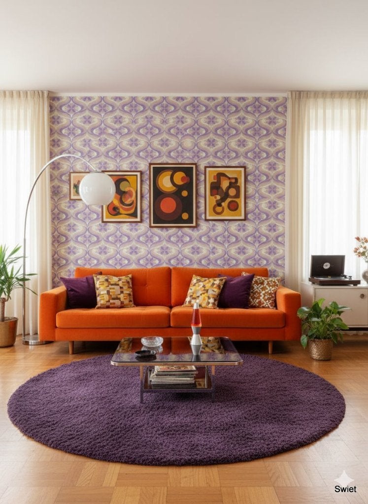 14059 Vintage groovy spage age 70s behangpapier flower power, Huis en Inrichting, Ophalen of Verzenden, Minder dan 10 m², Blauw