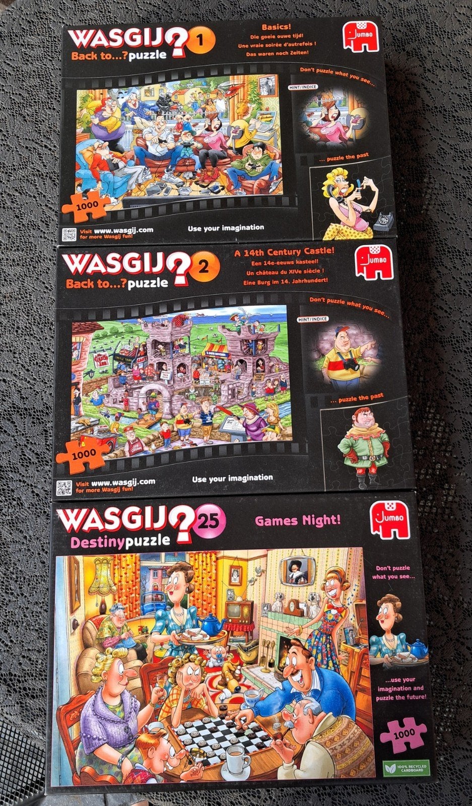 3 Wasgij puzzels, back to 1 en 2, destiny 25, Ophalen of Verzenden, 500 t/m 1500 stukjes, Zo goed als nieuw, Legpuzzel