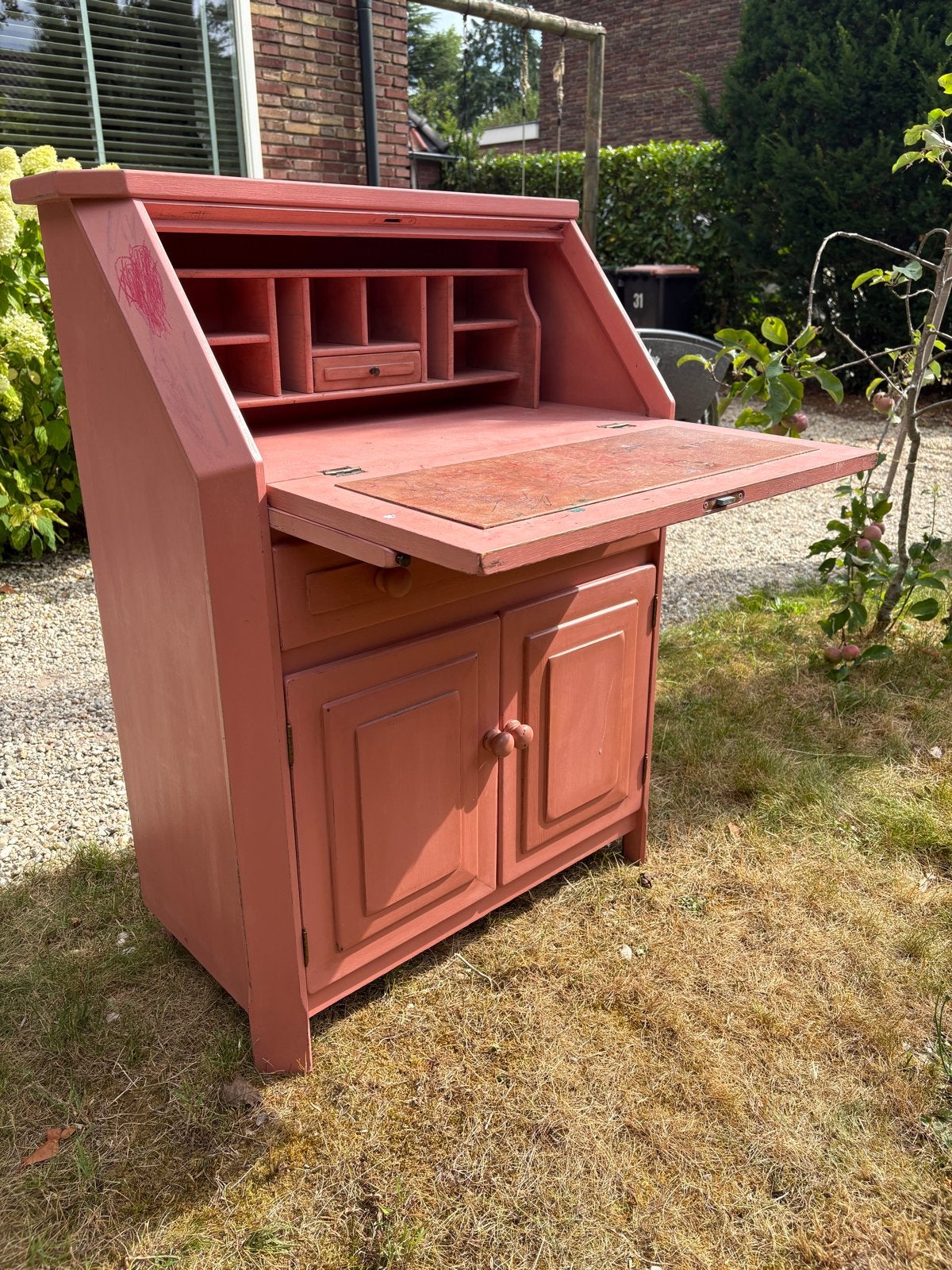 Vintage Secretaire Bureau - Roze Hout met Opbergruimte, Huis en Inrichting, Bureaus, Ophalen, Gebruikt, Roze, Secretaire