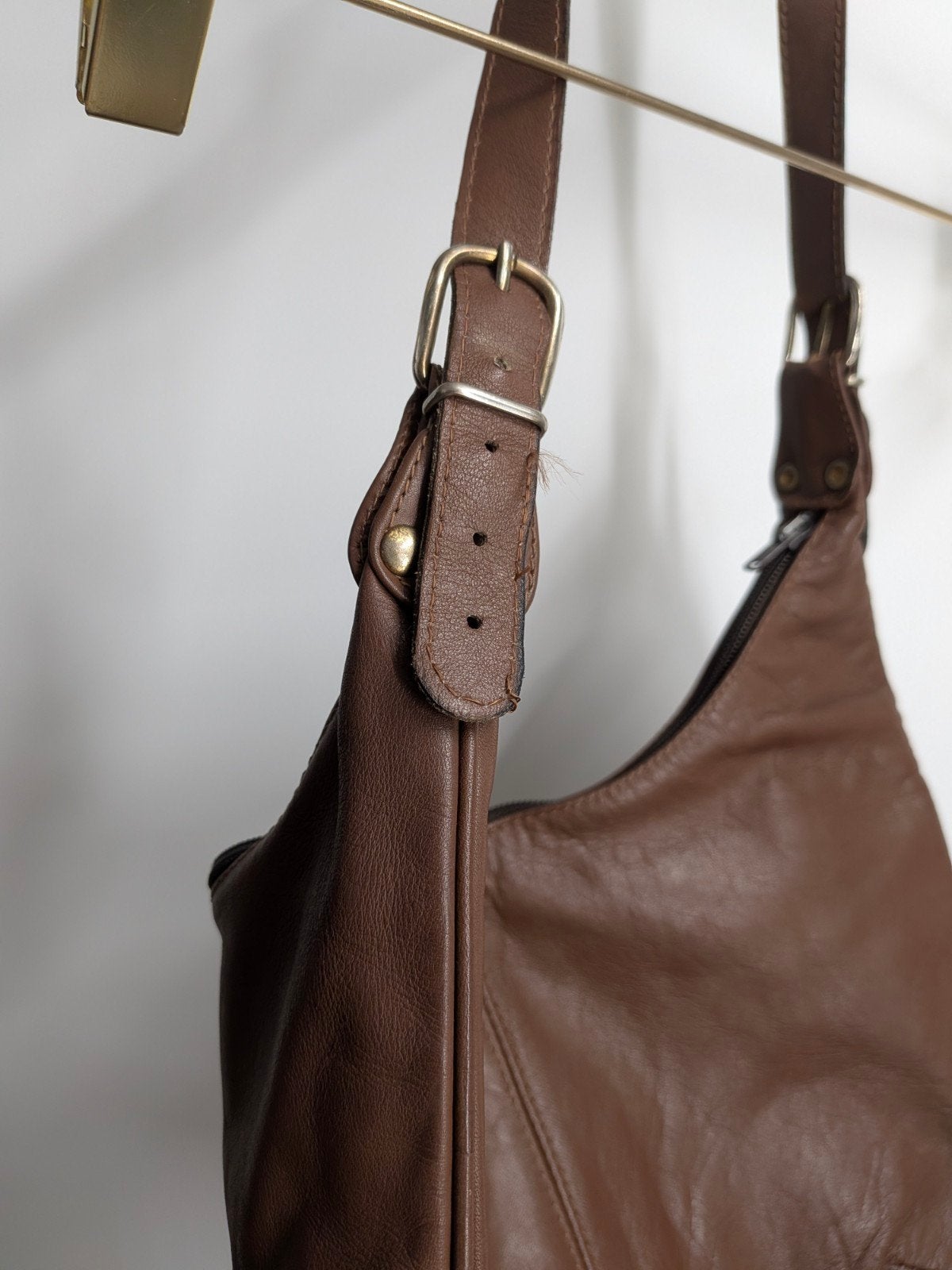 Vintage bruine leren schoudertas | Hobo bag | Boho tas, Gebruikt, P&g, Bruin, Ophalen of Verzenden