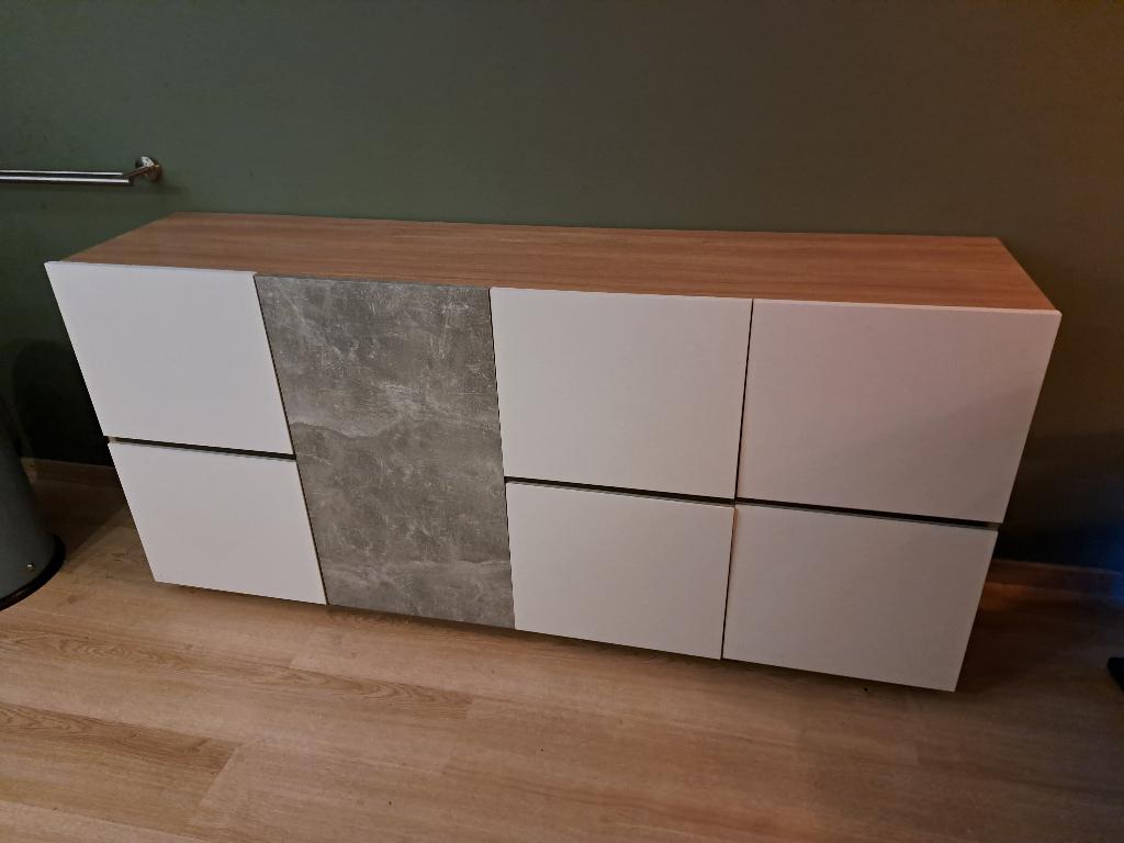 Modern dressoir – wit, houtlook & steenlook – 180 cm breed, Ophalen, Gebruikt, 25 tot 50 cm, 150 tot 200 cm