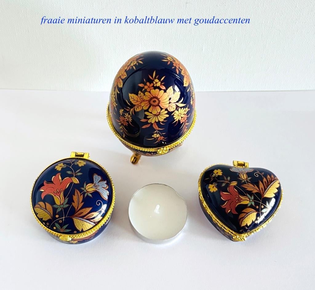 3 miniaturen Kobaltblauw Gouden accenten Snuisterij bakjes, Ophalen