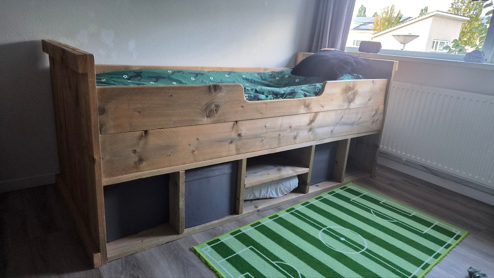 Steigerhouten kajuitbed met opbergruimte, Ophalen, Gebruikt, 90 cm, Eenpersoons