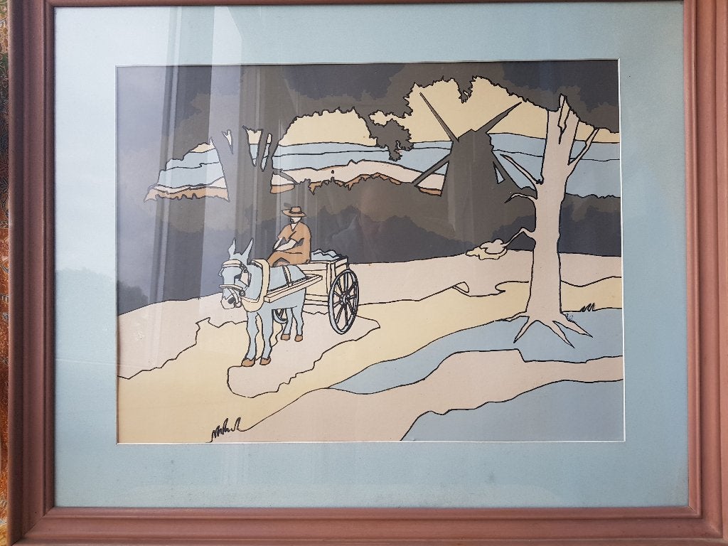 Ezel met kar prachtige oude ingelijste Engelse zeefdruk., Antiek en Kunst, Ingelijst, Ophalen, Dieren en Natuur, Zeefdruk